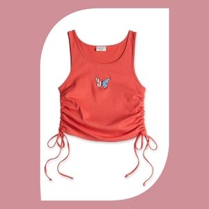 Mighty Fine Butterfly Embroidered Side Cinch Tank Top